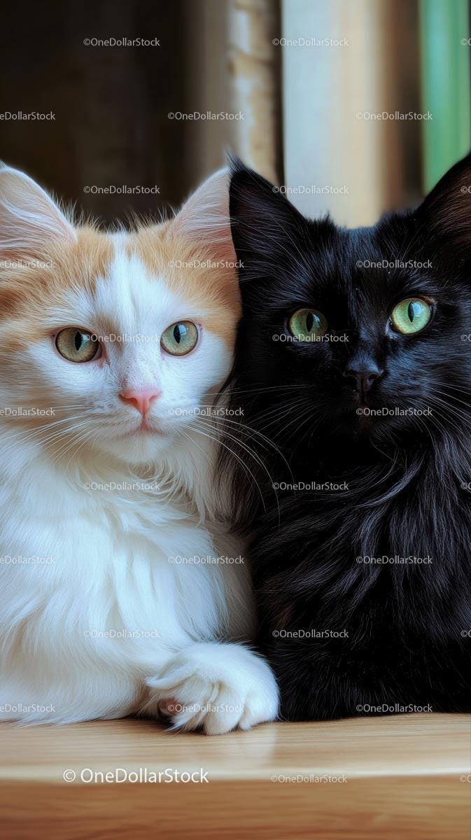 Fluffy Black and White Cats in a Cozy Embrace