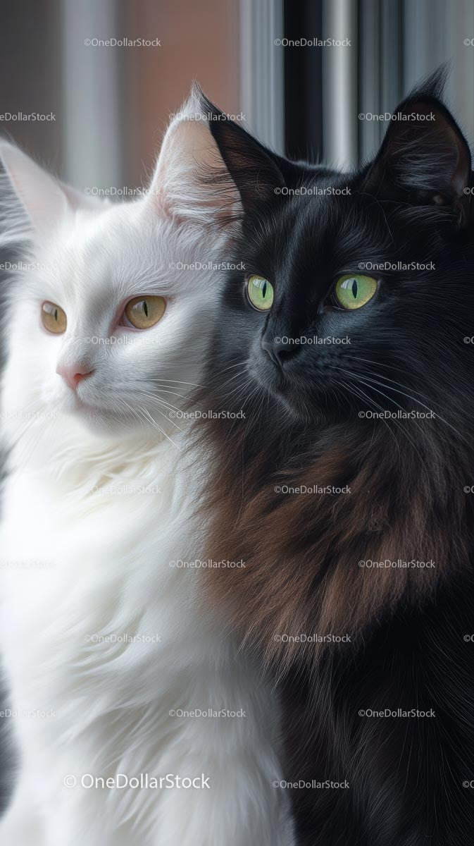 Black and White Fluffy Cats by the Window