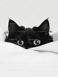 Curious Black Cat Peeking Over a White Blanket