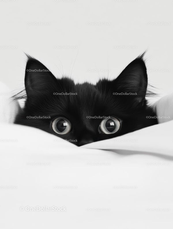 Curious Black Cat Peeking Over a White Blanket