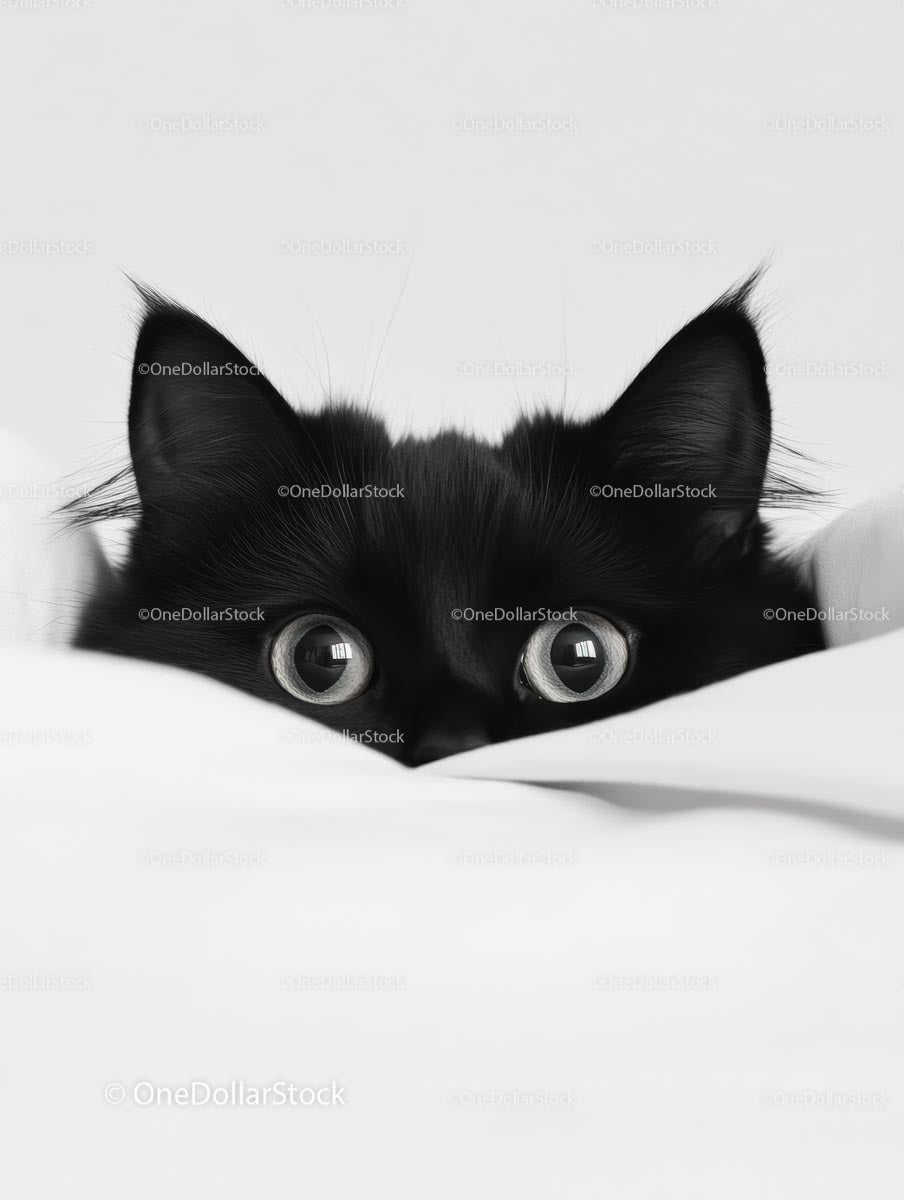 Curious Black Cat Peeking Over a White Blanket