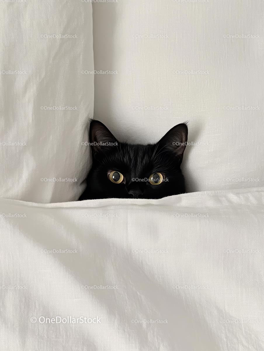 Black Cat Peeking from Under White Sheets in Cozy Bed