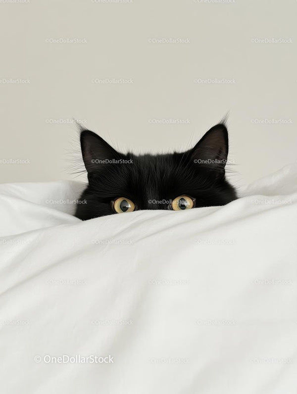 Curious Black Cat Peeking Over a White Blanket