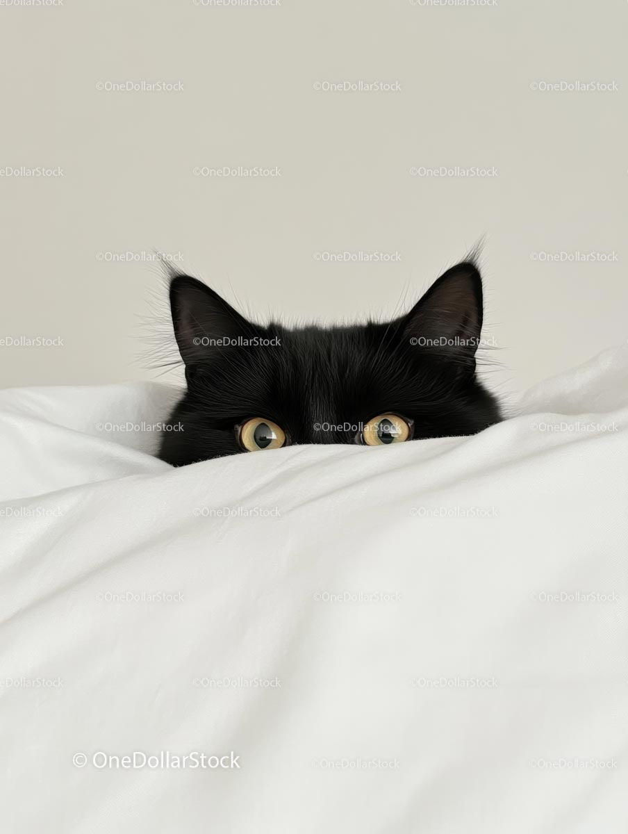 Curious Black Cat Peeking Over a White Blanket
