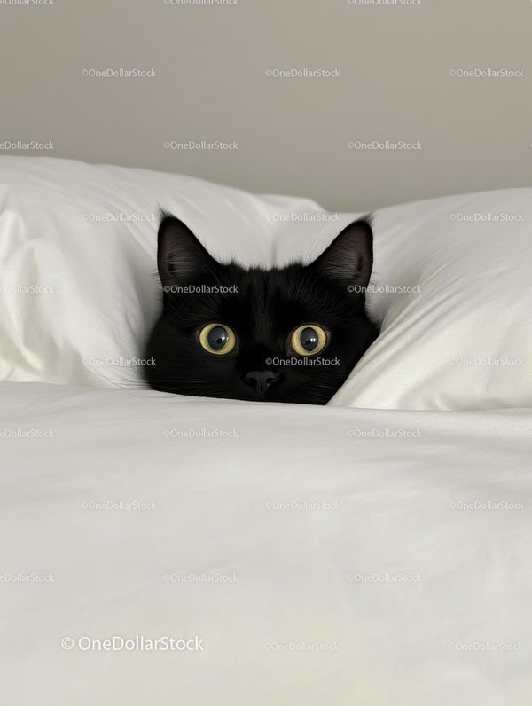 Adorable Black Cat Nestled in White Bedding