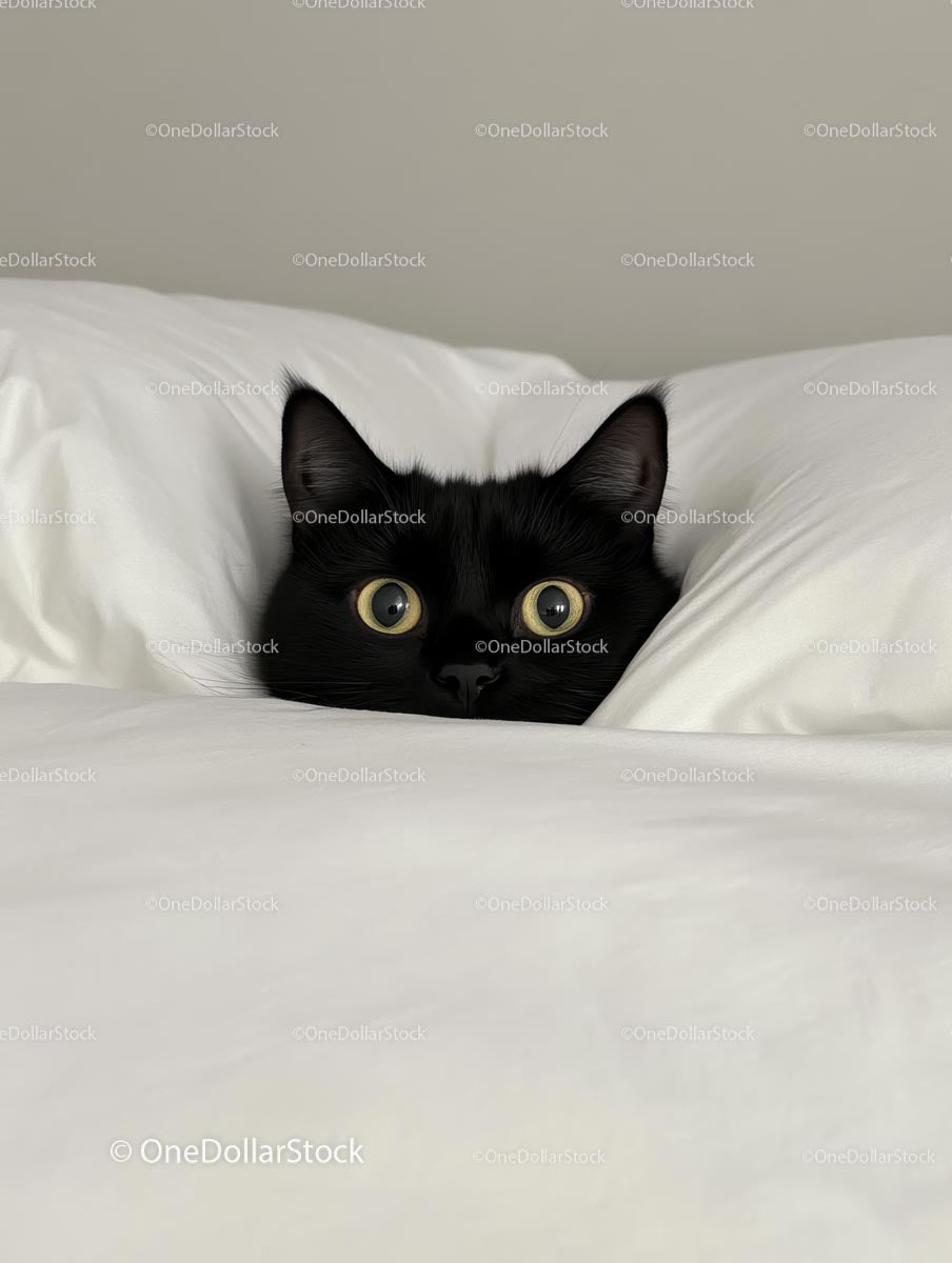 Adorable Black Cat Nestled in White Bedding