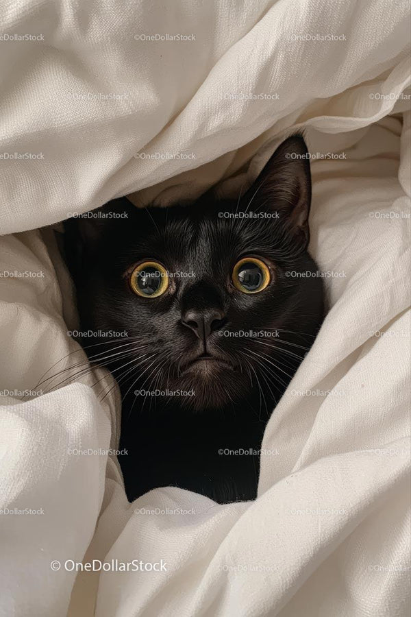 Black Cat with Yellow Eyes Nestled in Cozy White Blanket