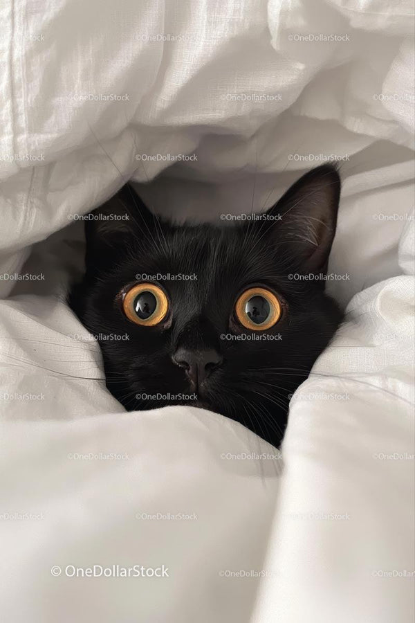 Black Cat Peeking Out from White Blanket