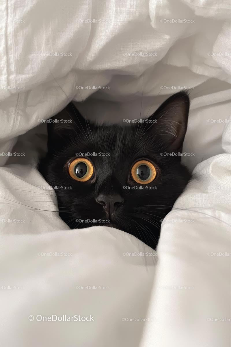 Black Cat Peeking Out from White Blanket