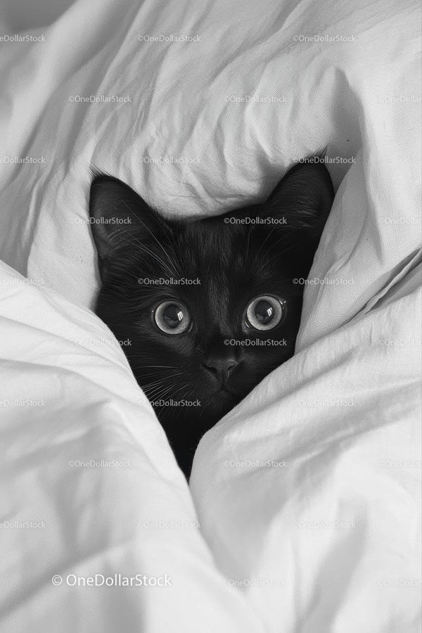 Cozy Black Cat Peeking from Under White Blanket