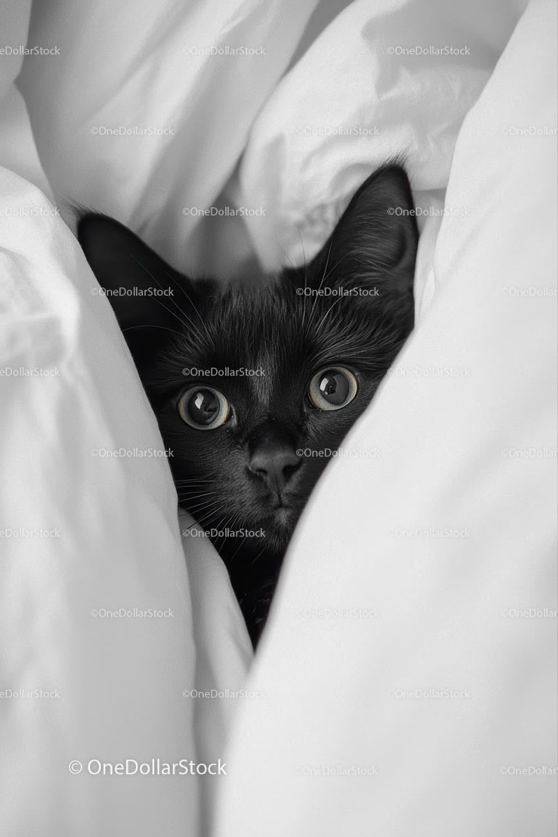 Curious Black Cat Peeking from White Sheets