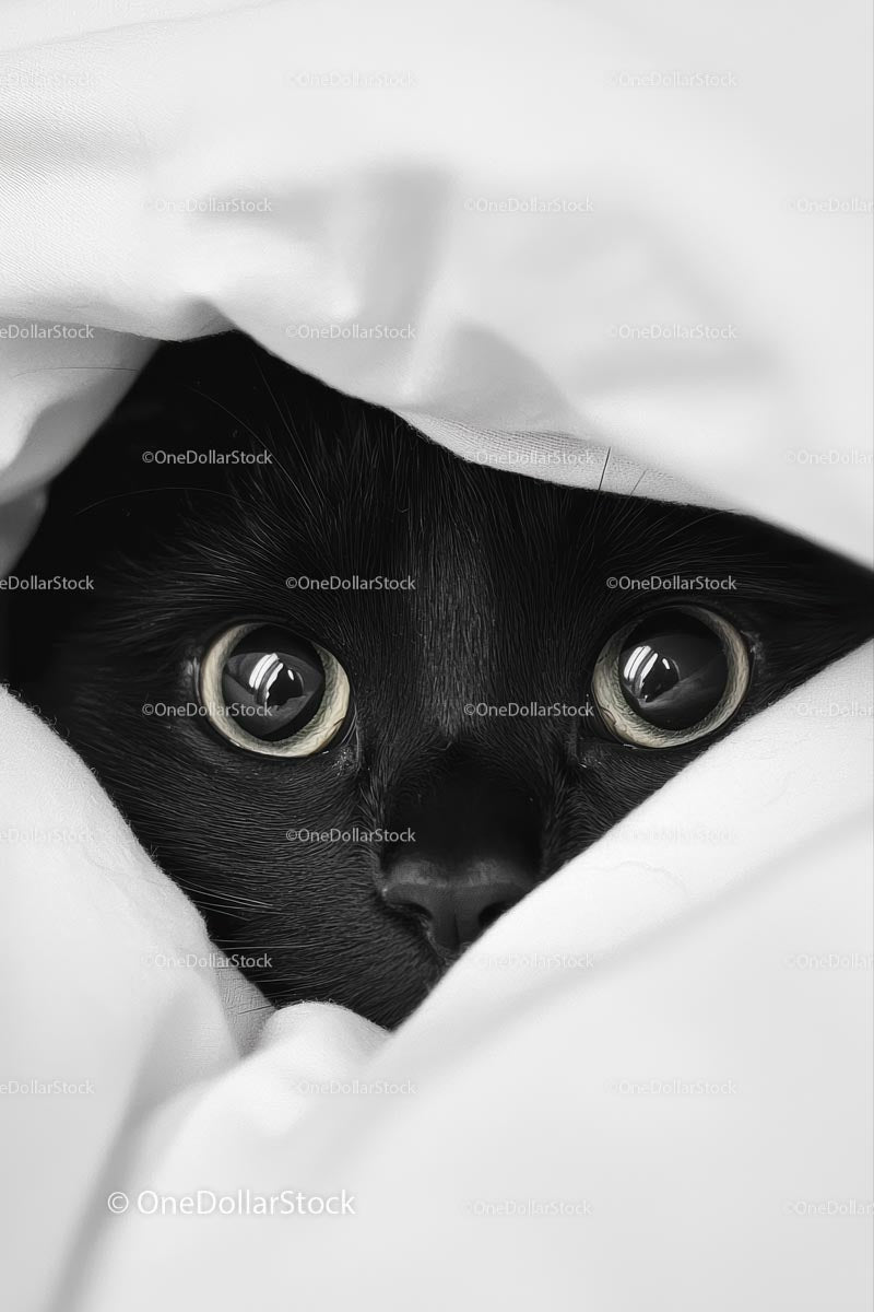 Curious Black Cat Peeking from Underneath Blanket