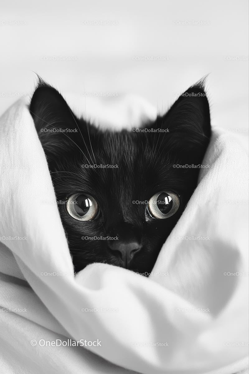 Adorable Black Cat Cuddled in Soft White Blanket