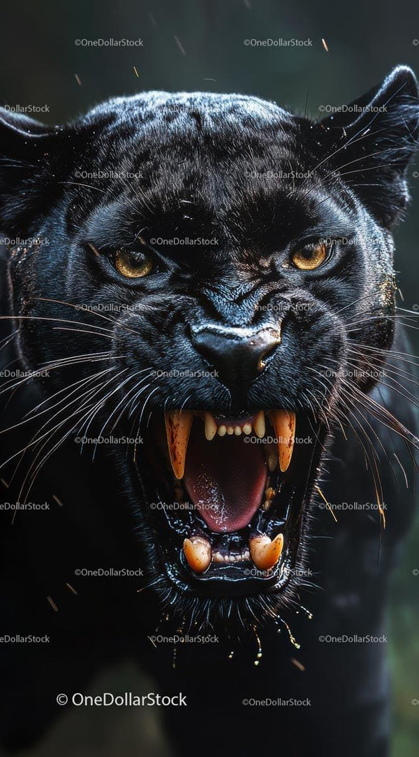 Fierce Black Panther with Open Mouth in Close-Up