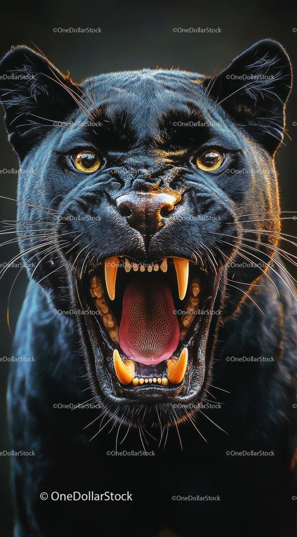 Fierce Roaring Black Panther Portrait in Jungle Light