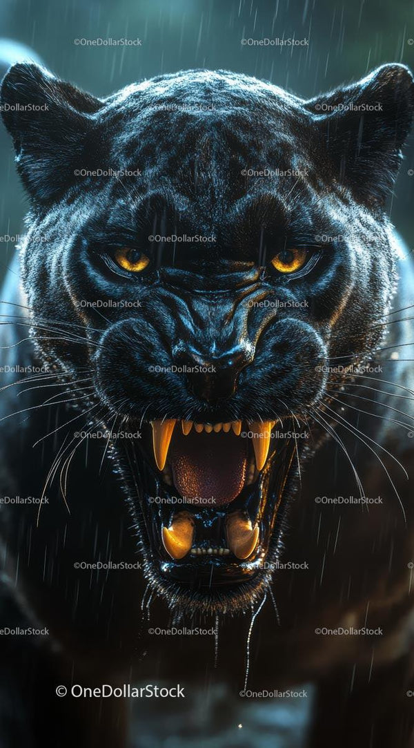 Fierce Black Panther Roaring in the Rain