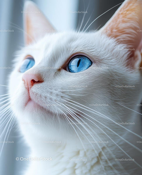 White Cat with Striking Blue Eyes in Thoughtful Pose