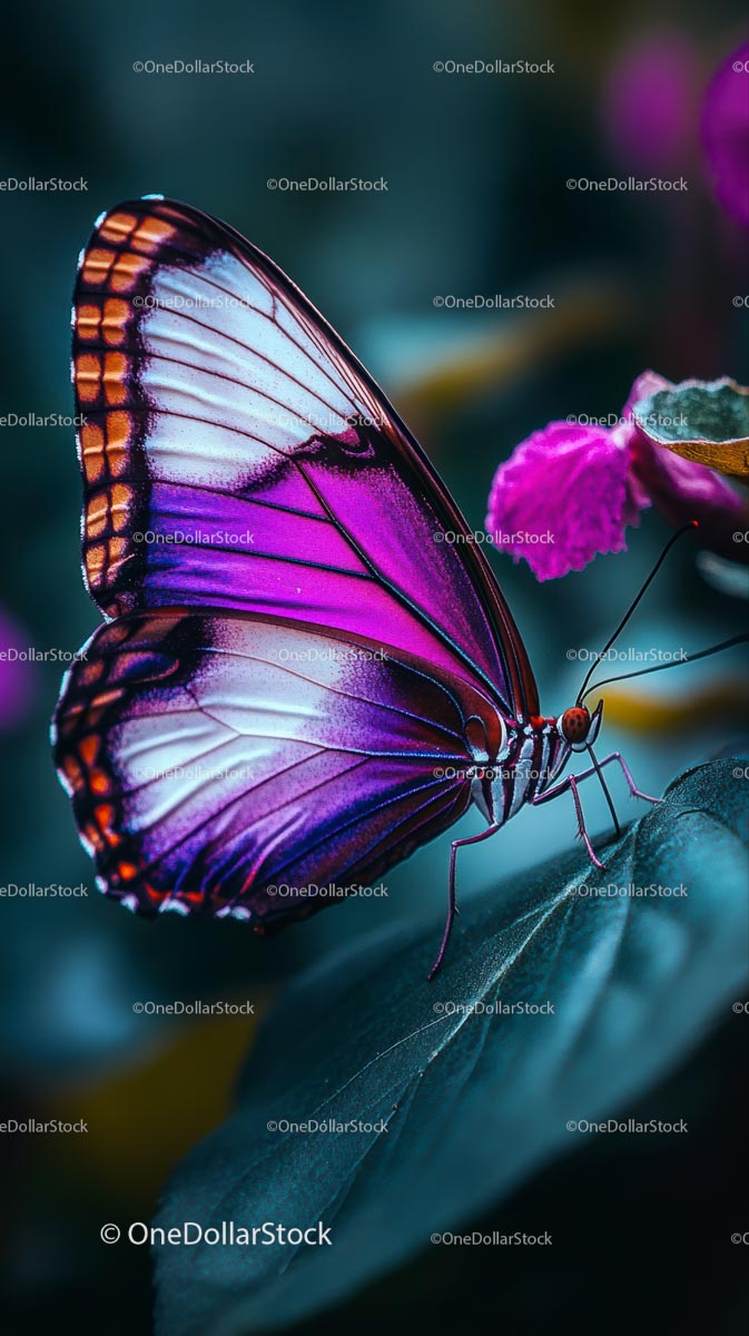Żywy fioletowy motyl odpoczywający wdzięcznie na liściu