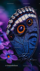 Exotic Blue Butterfly on Purple Flowers Close-Up