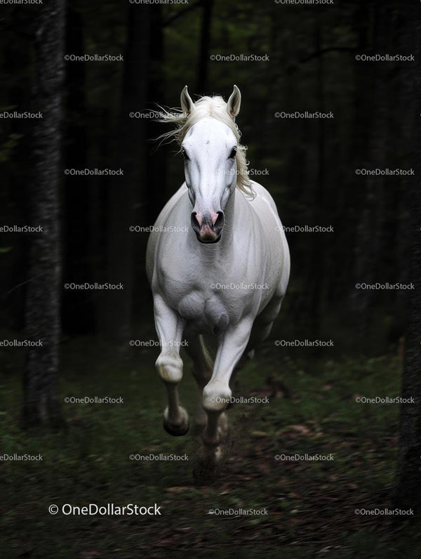 Majestic White Horse Galloping Through Forest