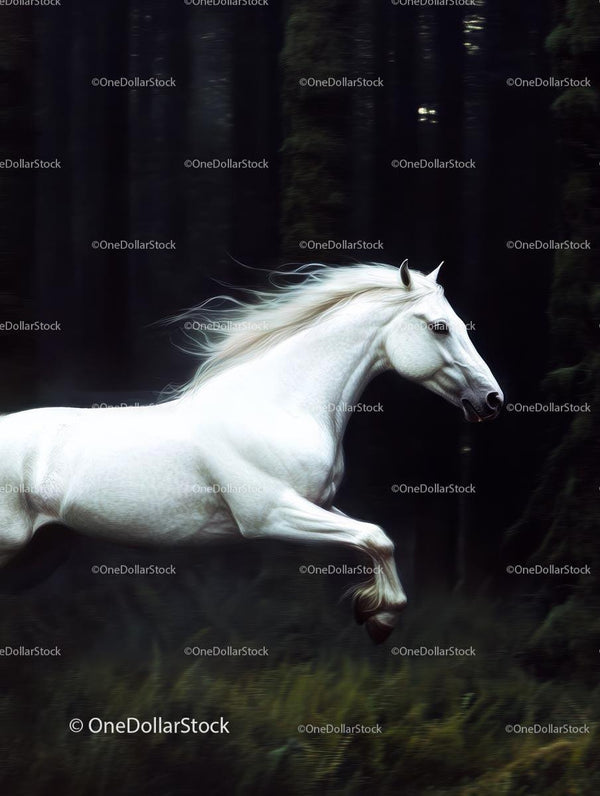 White Horse Galloping Through Misty Forest