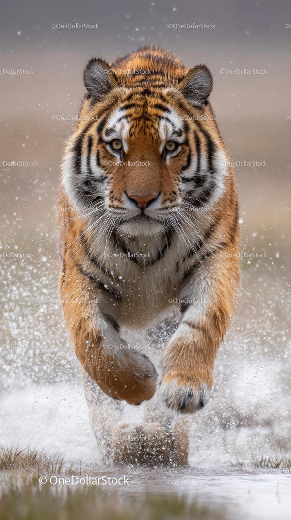 Powerful Siberian Tiger Splashes Through Water