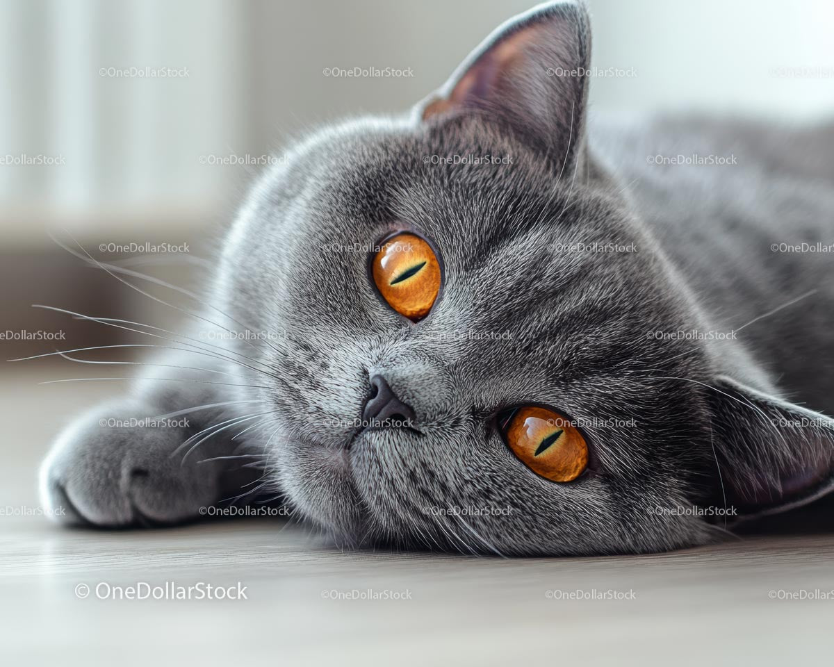Gray Cat with Striking Amber Eyes Relaxing Indoors