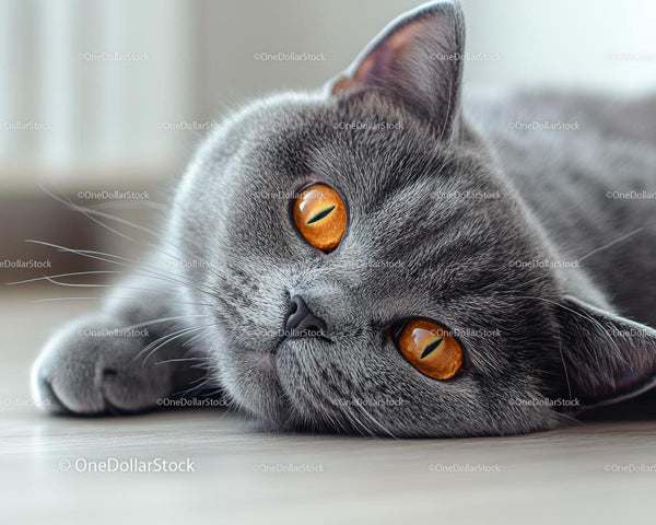 Gray Cat with Striking Amber Eyes Relaxing Indoors