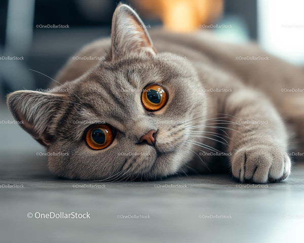 Relaxed British Shorthair Cat with Striking Orange Eyes