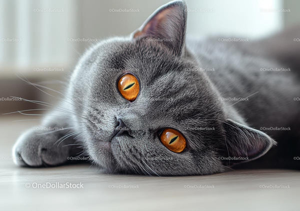 Relaxed British Shorthair Cat with Striking Orange Eyes