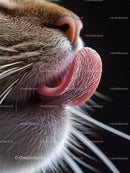 Close-Up of Cat Licking with Whiskers and Pink Tongue