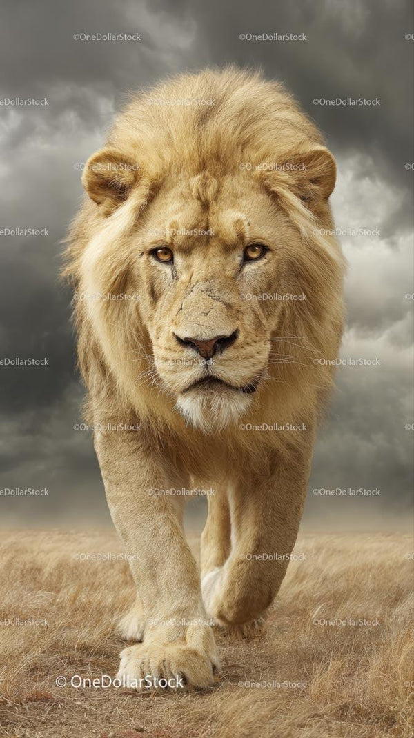 Majestic Lion Walking on African Savannah