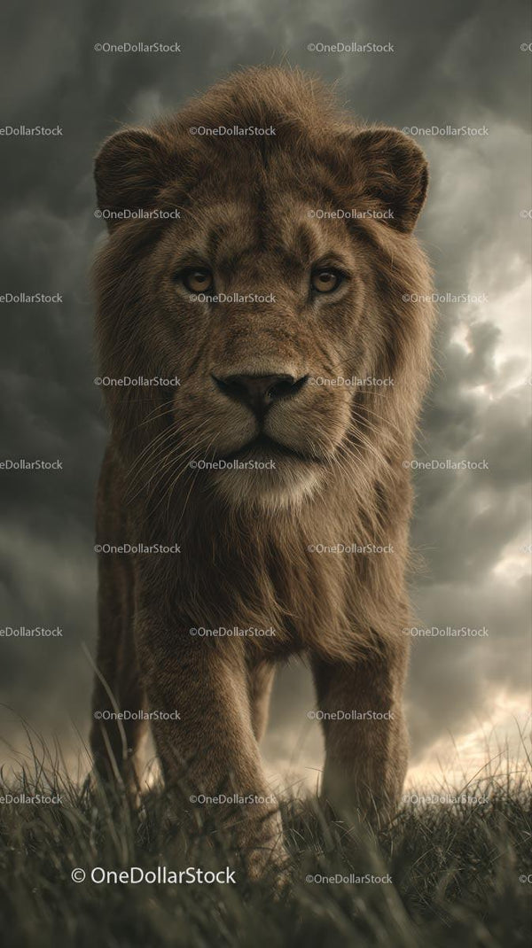 Majestic Lion Against a Stormy Sky in the Wild