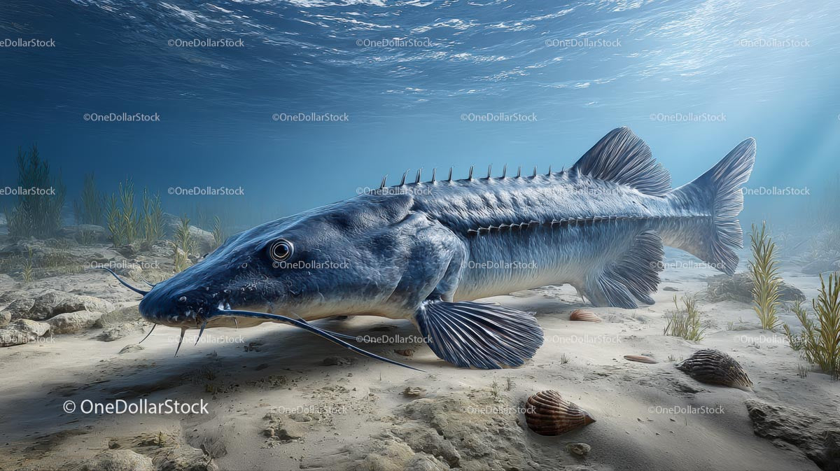 Majestic Sturgeon Swimming Gracefully in a Pristine River
