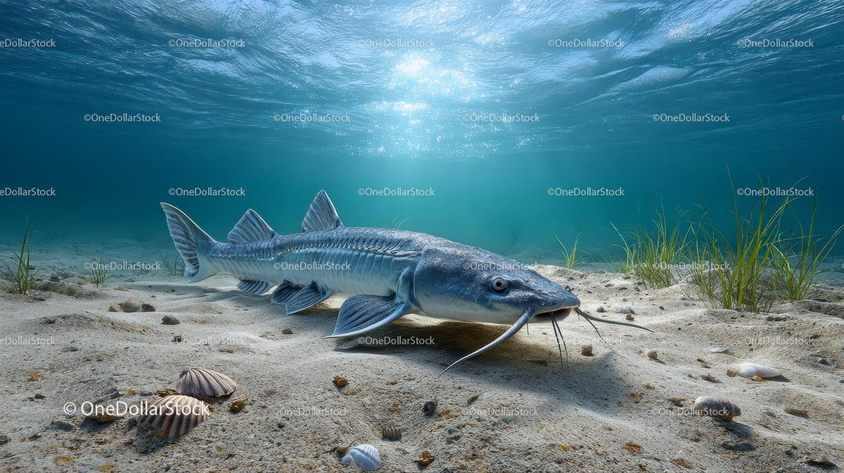 Jesiotr pływający z gracją po piaszczystym dnie oceanu