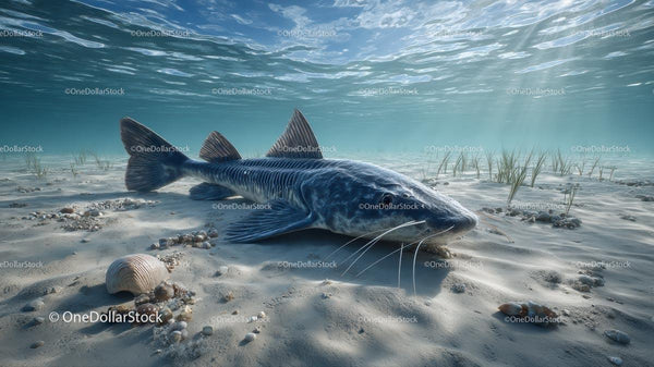 Catfish Resting on Sandy Seabed with Sunlit Waters