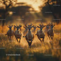Herd of Antelopes Running at Sunset in African Savannah