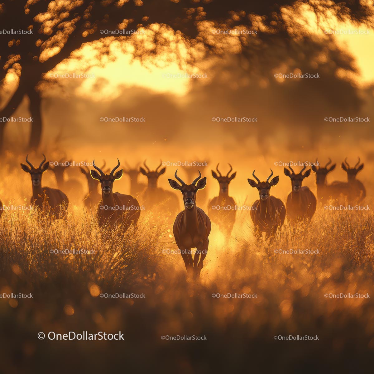 Antelope Herd Running Through Golden Savannah at Sunset
