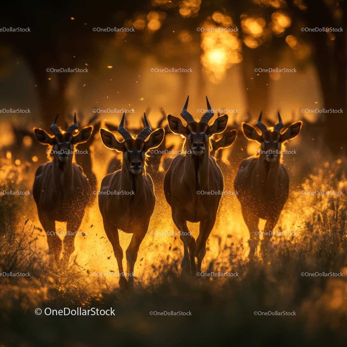 Herd of Antelopes Galloping at Sunset in Golden Light