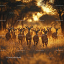 Herd of Antelopes Running Through Golden Savanna