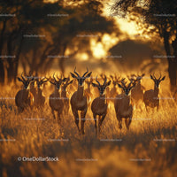 Herd of Antelopes Running Through Golden Savanna