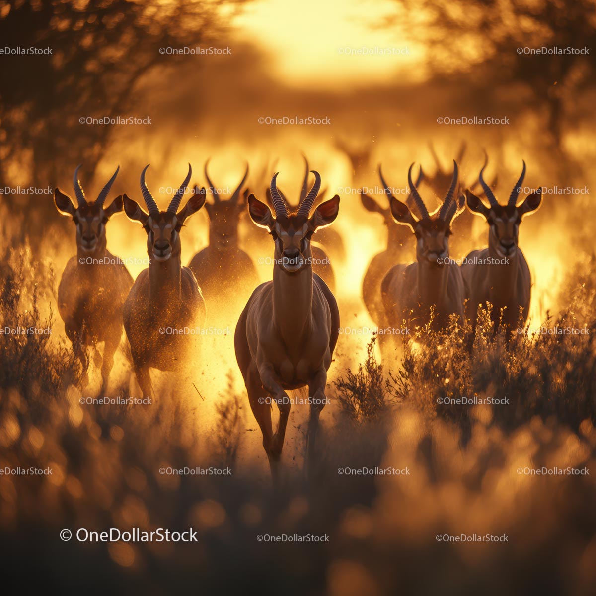 Antelope Herd Galloping Through Golden Savannah at Sunset