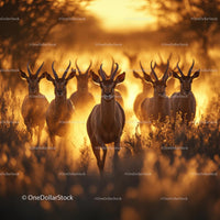 Antelope Herd Galloping Through Golden Savannah at Sunset