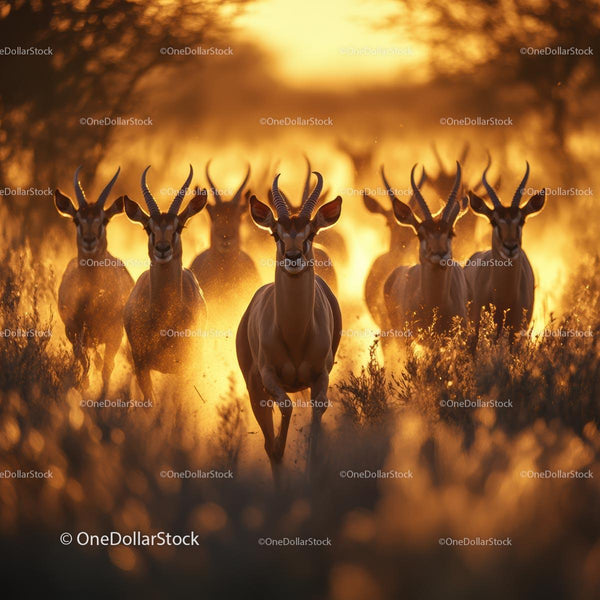 Antelope Herd Galloping Through Golden Savannah at Sunset