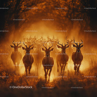 Herd of Antelopes Running at Golden Sunset