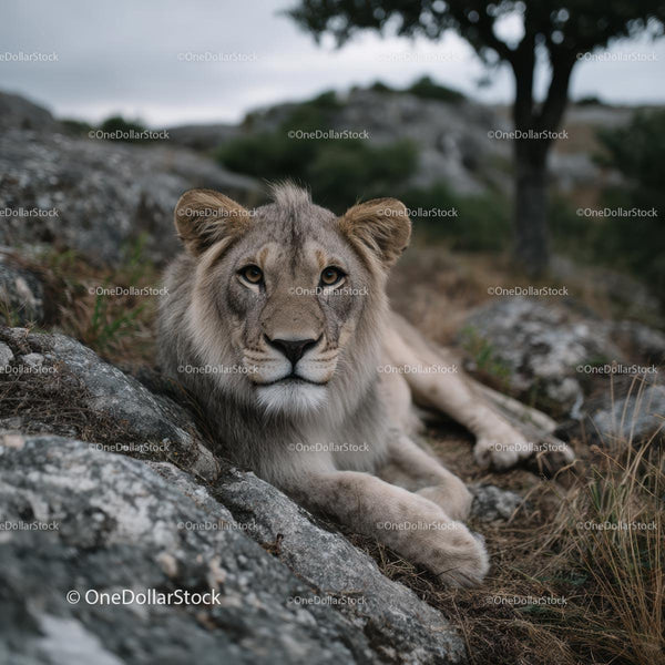 Young Lion Resting on Rocky Terrain in Natural Habitat