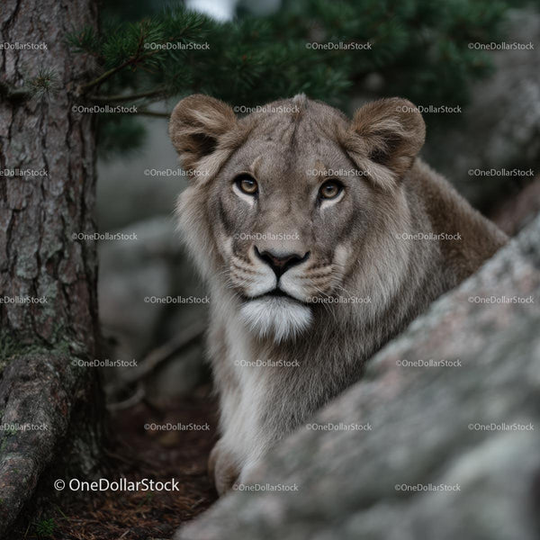 Majestic Lion In A Lush Forest Setting