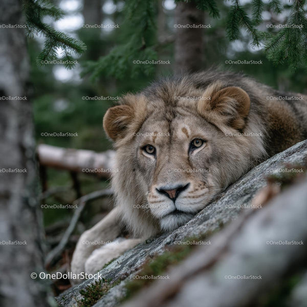 Majestic Lion Resting in the Forest Wilderness