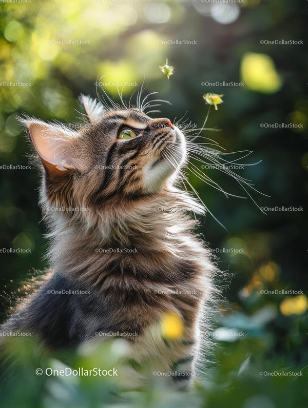 Majestic Maine Coon Cat Gazing at Floating Leaf