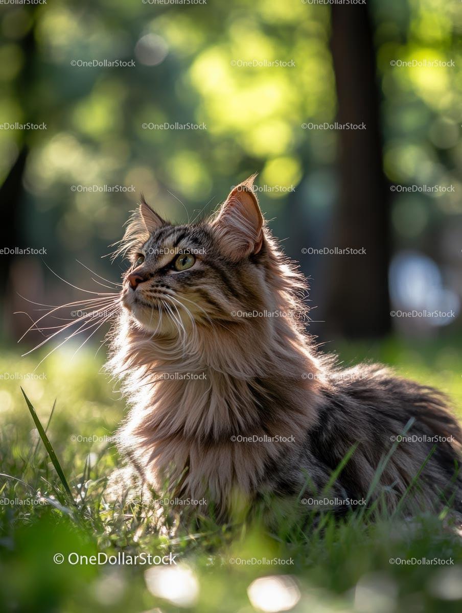 Maine Coon Cat Relaxing on Sunlit Green Grass